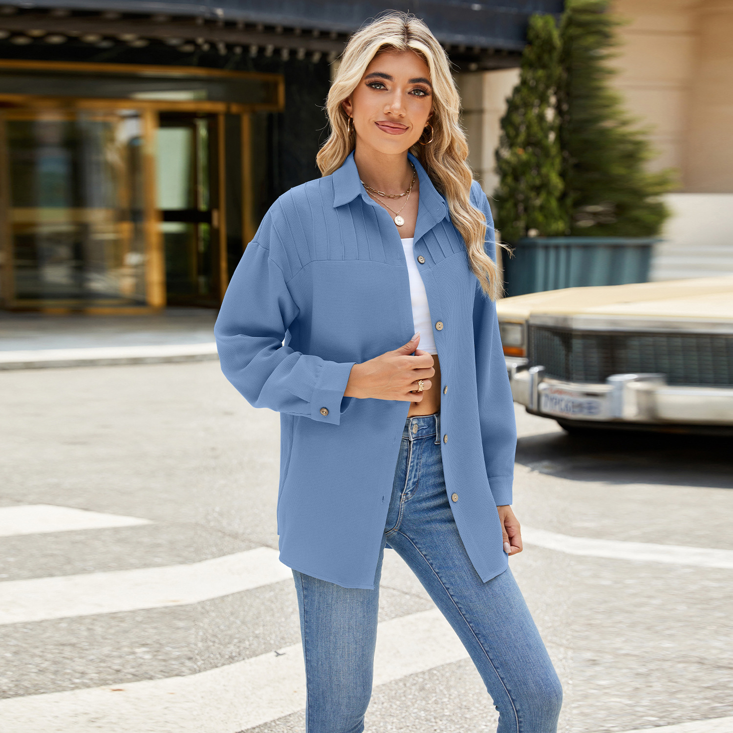 女装休闲打条翻领纽扣长袖宽松纯色衬衫