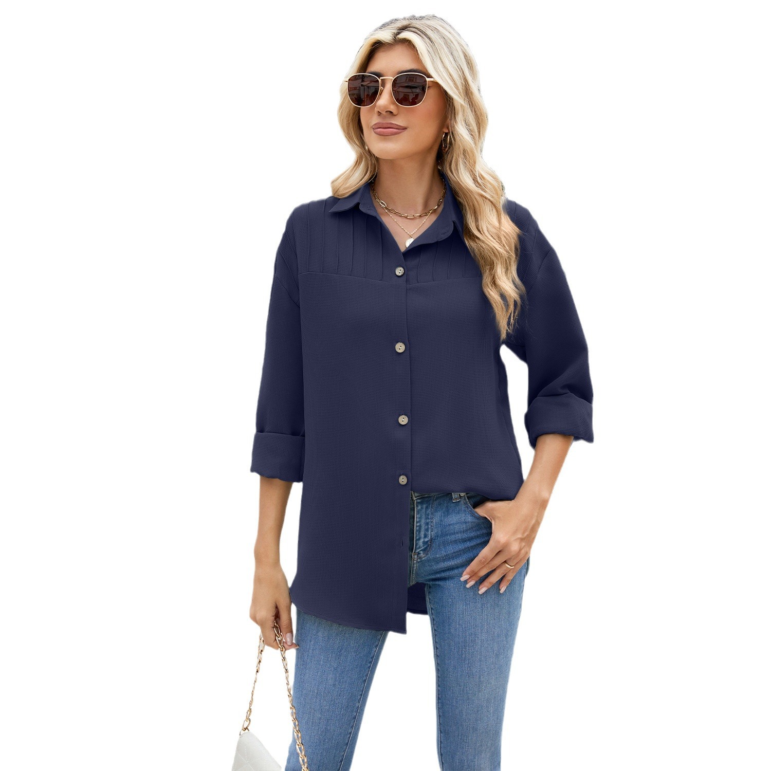 Women's Casual Striped Lapel Collar Button-Down Long-Sleeve Loose-Fit Solid Color Shirt