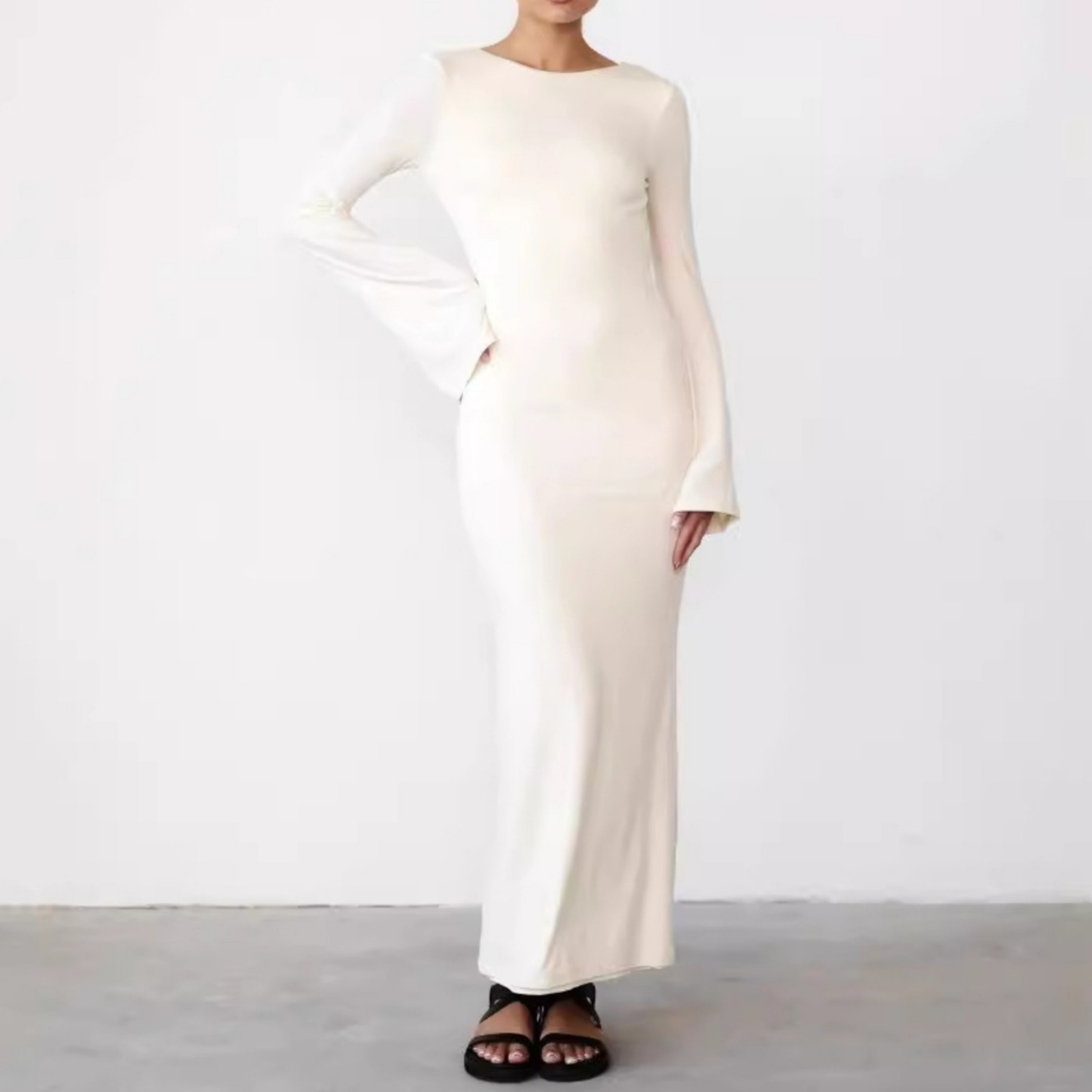 秋季新款亚马逊女装纯色系带露背性感连衣长裙女欧美