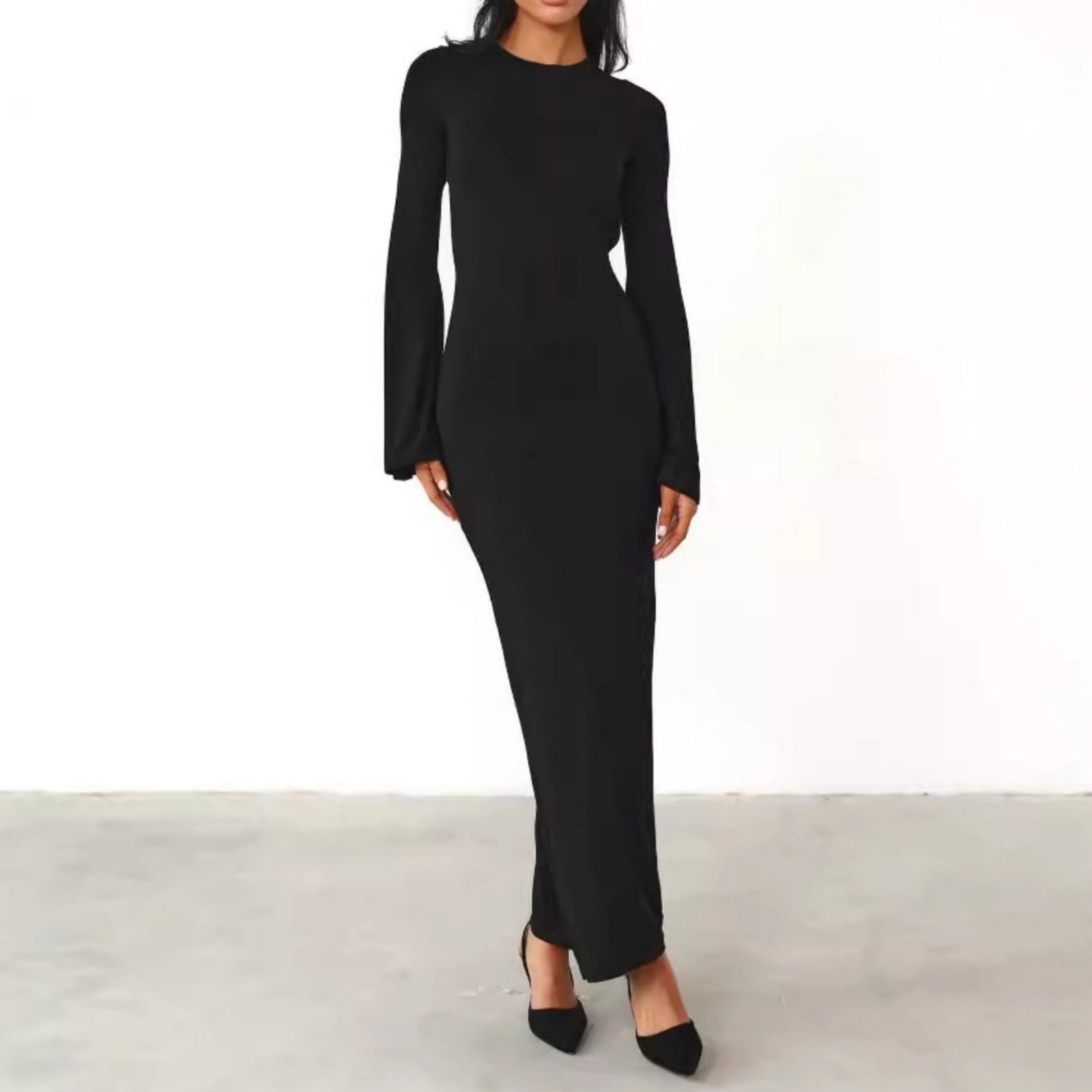 秋季新款亚马逊女装纯色系带露背性感连衣长裙女欧美