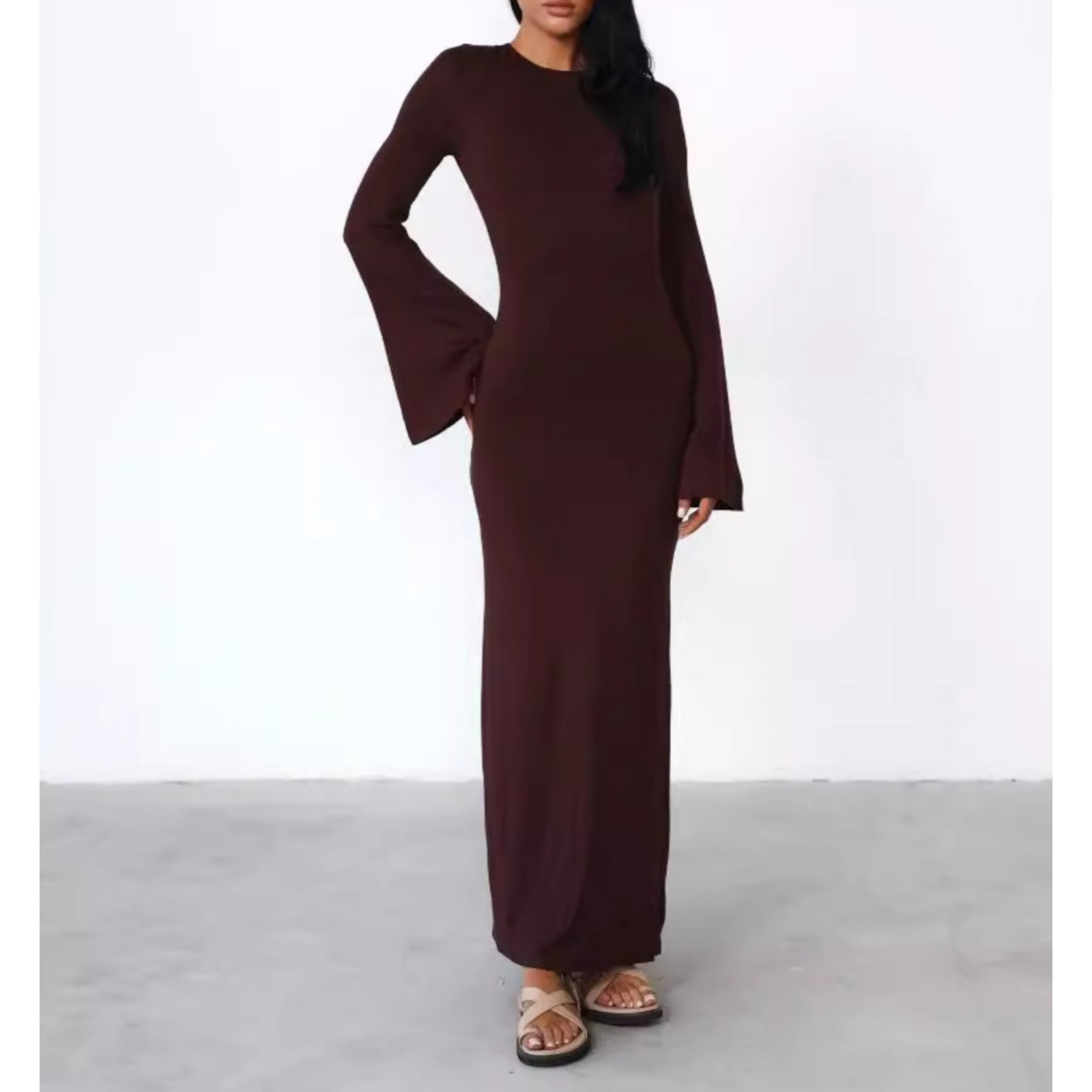 秋季新款亚马逊女装纯色系带露背性感连衣长裙女欧美