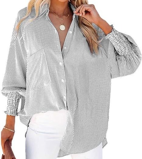 New Arrival Women's Striped Long-Sleeve Loose-Fit Shirt Casual Pocketed Blouse Trendy Oversized Button-Down Top
