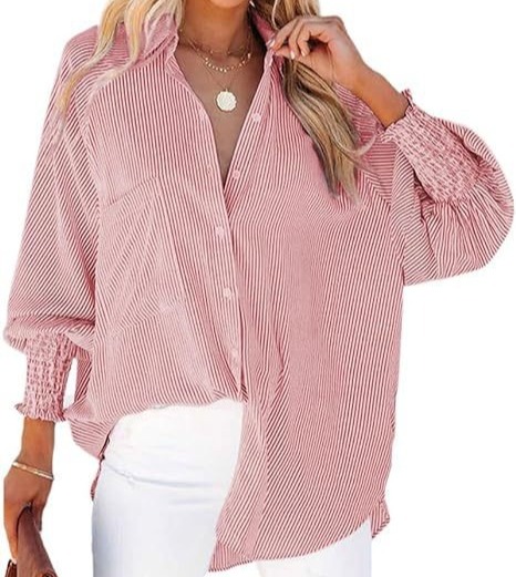 New Arrival Women's Striped Long-Sleeve Loose-Fit Shirt Casual Pocketed Blouse Trendy Oversized Button-Down Top