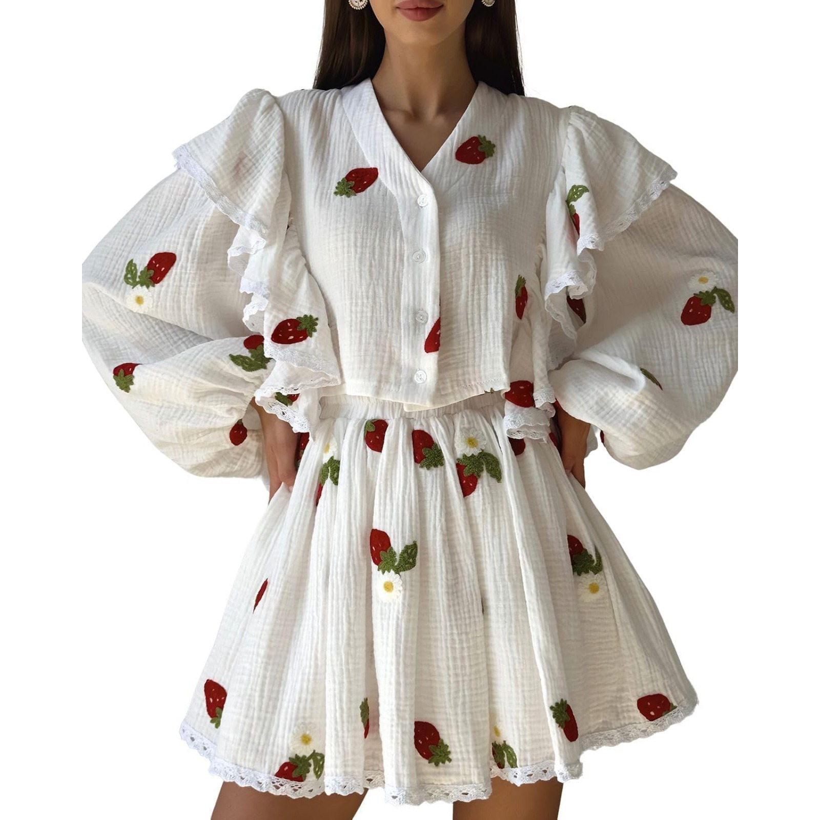 时尚棉麻风荷叶边草莓印花短裙套装家居服欧美新品