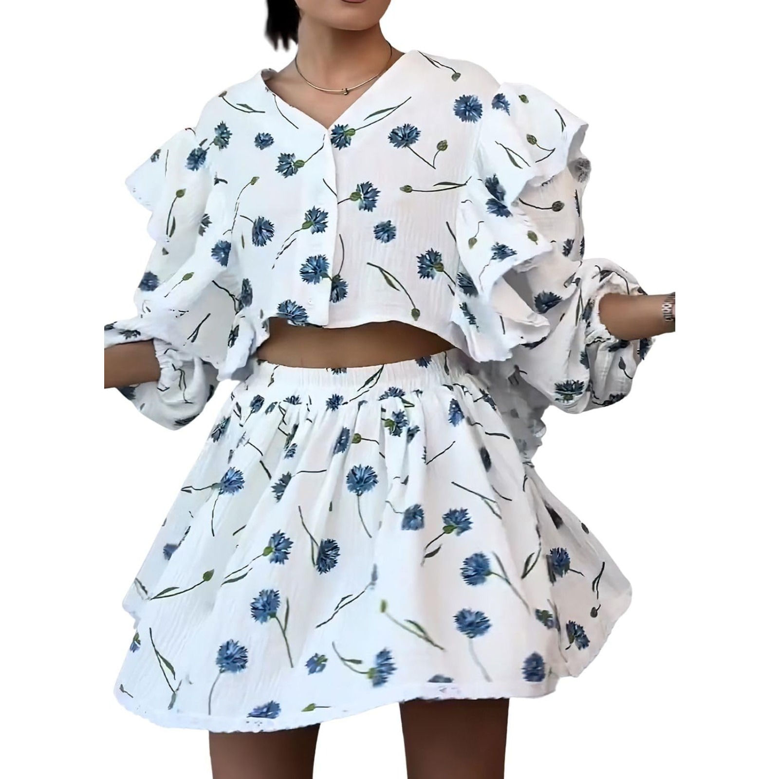 时尚棉麻风荷叶边草莓印花短裙套装家居服欧美新品