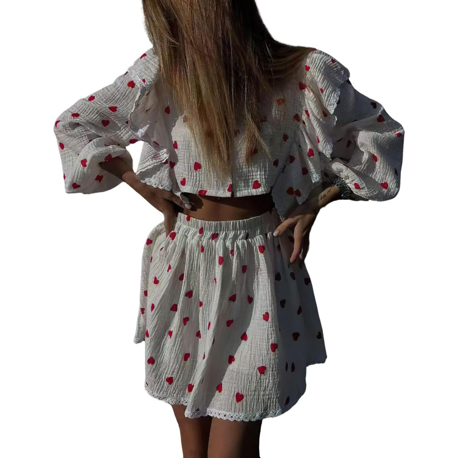 Women's 2 Piece Outfits Ruffled Cotton Linen Floral Printed Shirt Top Elastic Waist Mini Skirt Set