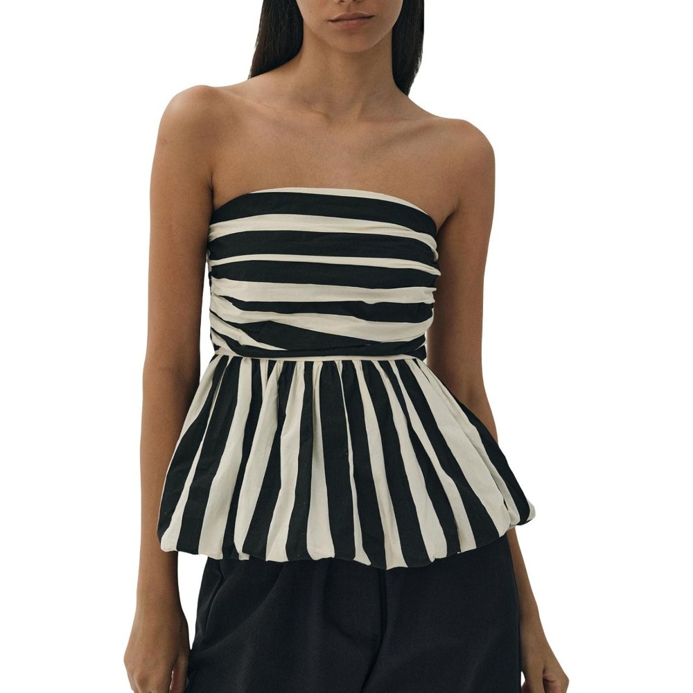 抹胸花苞上衣女装新品夏季辣妹撞色条纹一字领抹胸褶皱蓬蓬衫