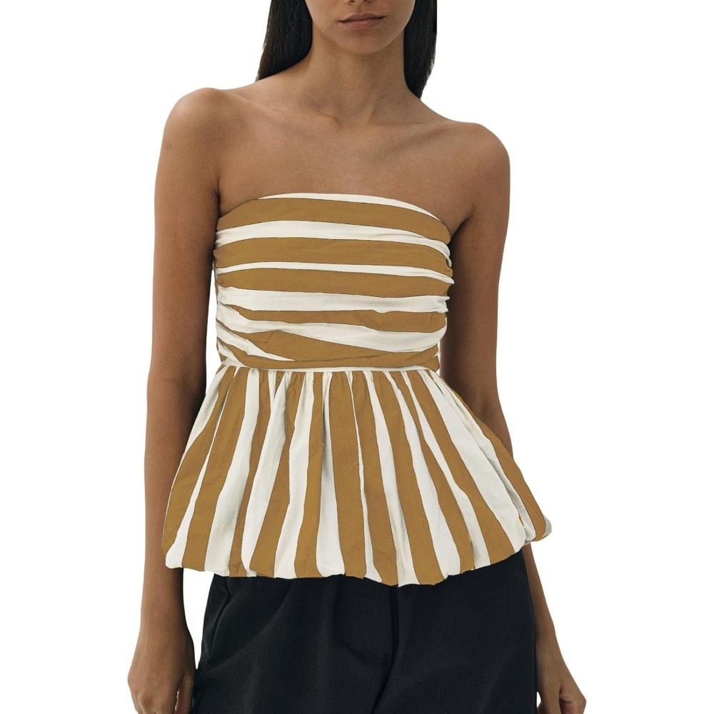 抹胸花苞上衣女装新品夏季辣妹撞色条纹一字领抹胸褶皱蓬蓬衫