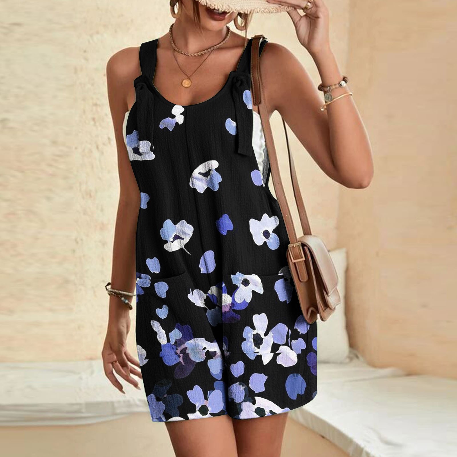 印花夏季休闲时尚吊带短裤连体裤背带裤女