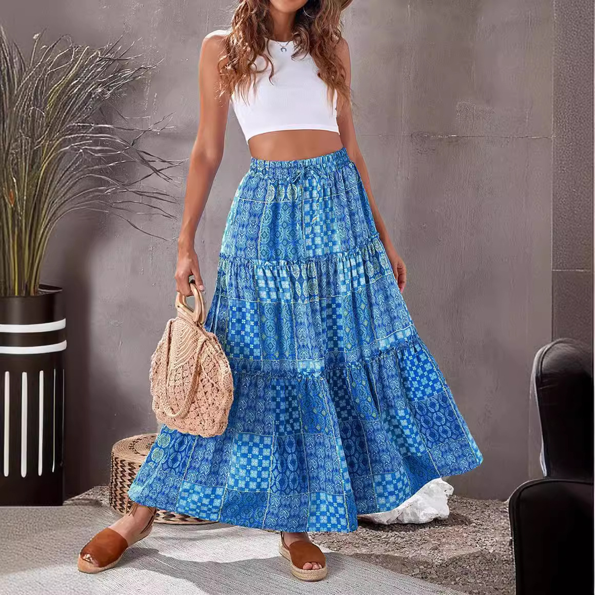 印花波西米亚沙滩裙超大摆半身裙子