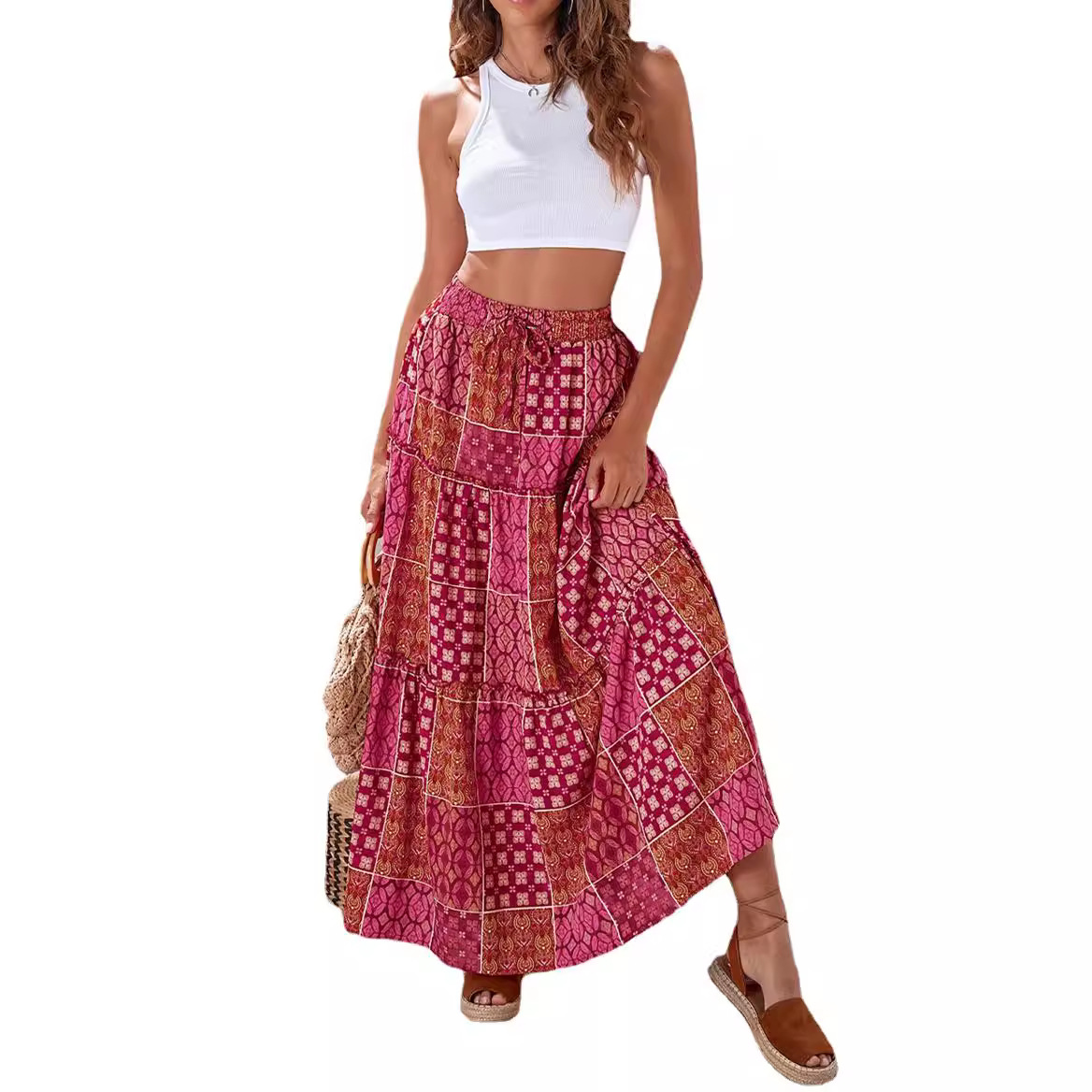 Bohemian Printed Maxi Beach Skirt Oversized Flowy Tiered Hem Women's Summer Festival & Vacation Long Skirt