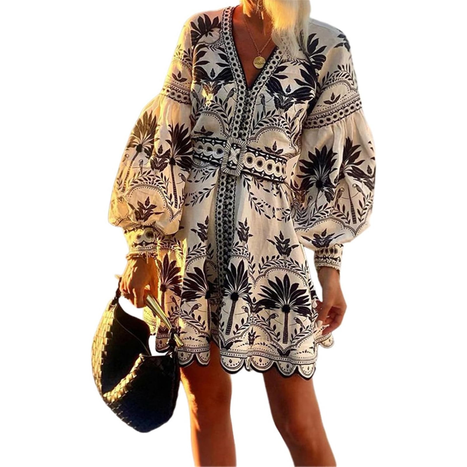 欧美女装秋季新款跨境女士时尚印花沙滩宽松短款连衣裙