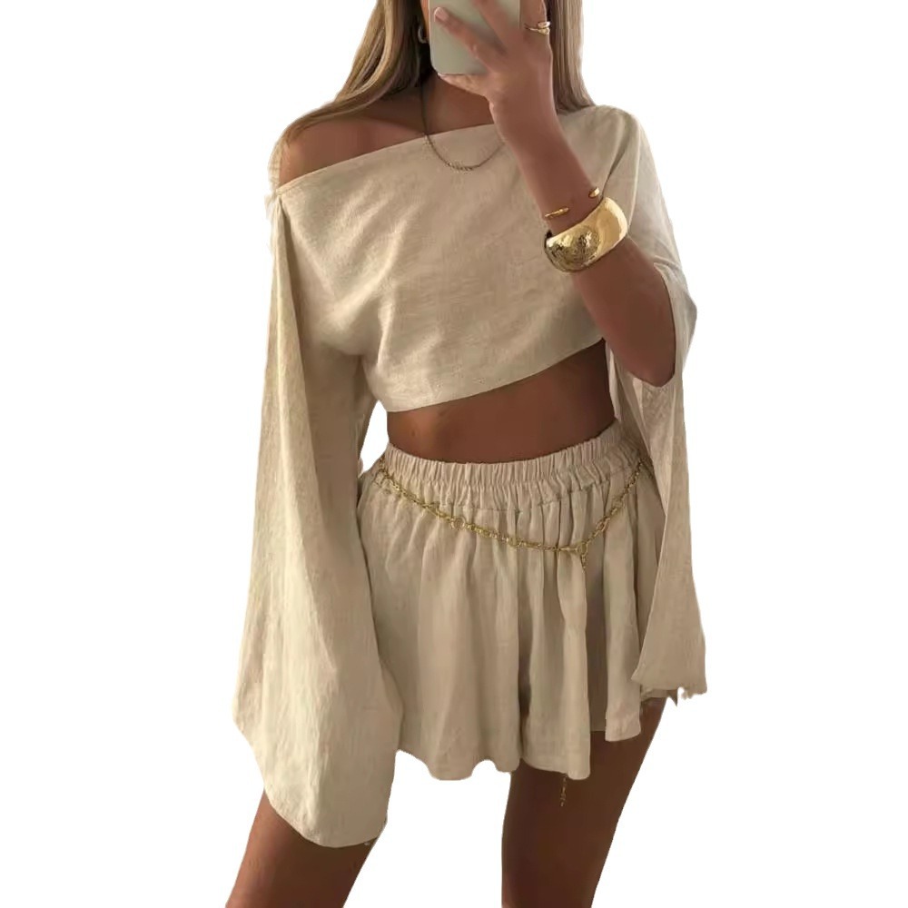 Boho Sets Women 2 Piece Outfits Bikini Coverup Off Shoulder Crop Top Shorts Summer Beachwear Womens Loungewear Set