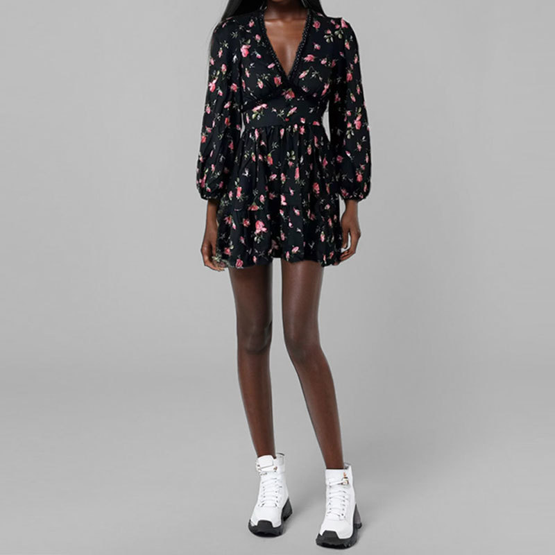 New Arrival Women's Elegant Sweet Print V-Neck Lace Waist Short Dress Feminine Floral/Abstract Pattern Slim-Fit Party Dress