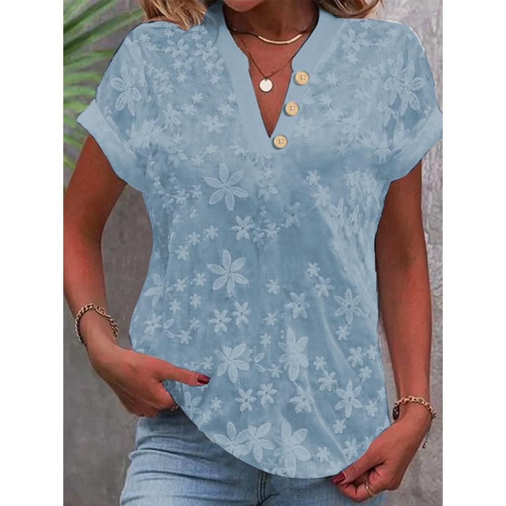 2024独立站wish亚马逊爆款 夏季简约休闲纯色V领短袖衬衫女