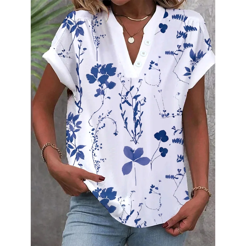 2024独立站wish亚马逊爆款 夏季简约休闲纯色V领短袖衬衫女