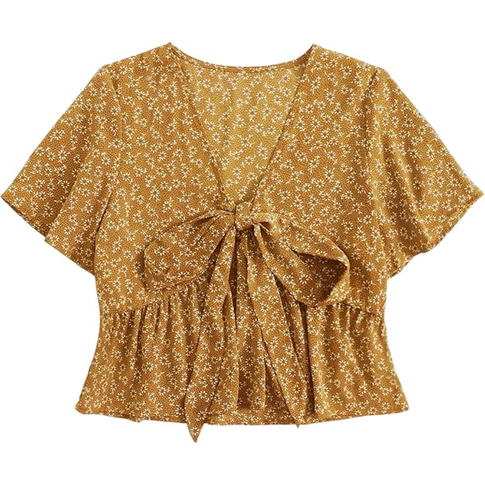 Women's Summer Floral Print V-Neck Blouse - Short Sleeve Ruffle Trim Casual Shirt Lightweight High-Waisted Short Blouse Beach to Street Versatile Peplum Top  