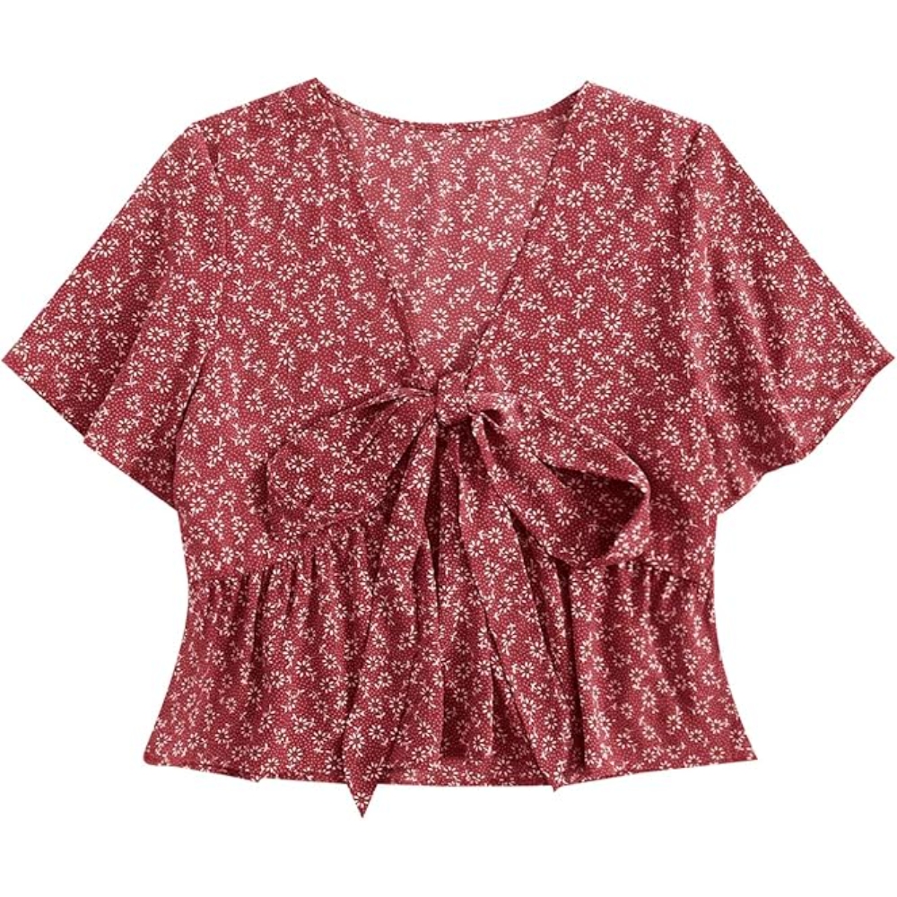 Women's Summer Floral Print V-Neck Blouse - Short Sleeve Ruffle Trim Casual Shirt Lightweight High-Waisted Short Blouse Beach to Street Versatile Peplum Top  