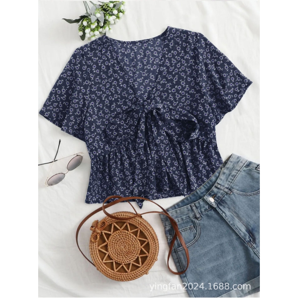 Women's Summer Floral Print V-Neck Blouse - Short Sleeve Ruffle Trim Casual Shirt Lightweight High-Waisted Short Blouse Beach to Street Versatile Peplum Top  