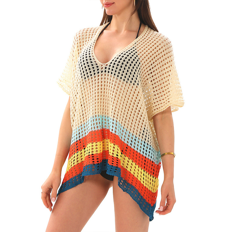 新款沙滩罩衫底部条纹针织防晒罩衫欧美性感比基尼罩衫