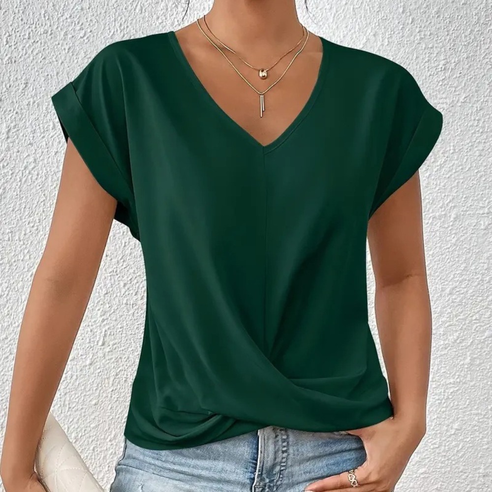 纯色V领短袖T恤女士优雅套头上衣