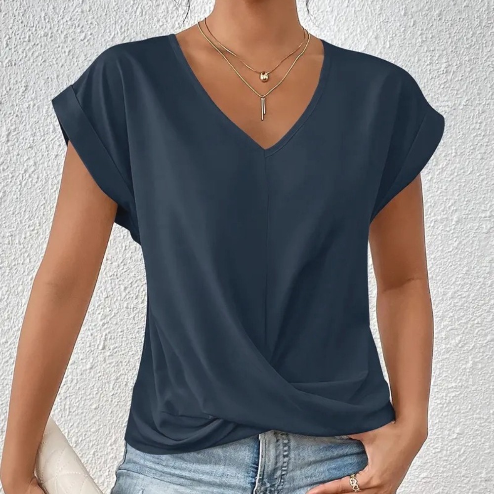 纯色V领短袖T恤女士优雅套头上衣