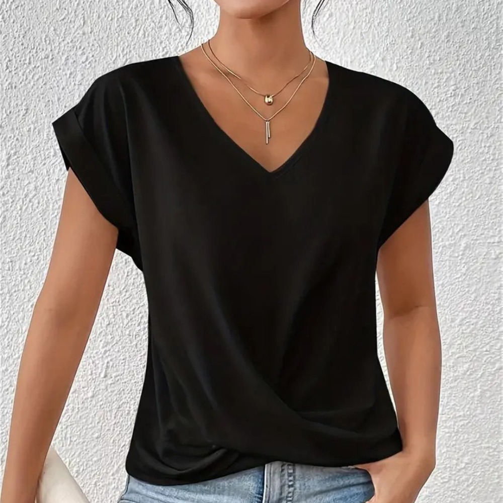 纯色V领短袖T恤女士优雅套头上衣