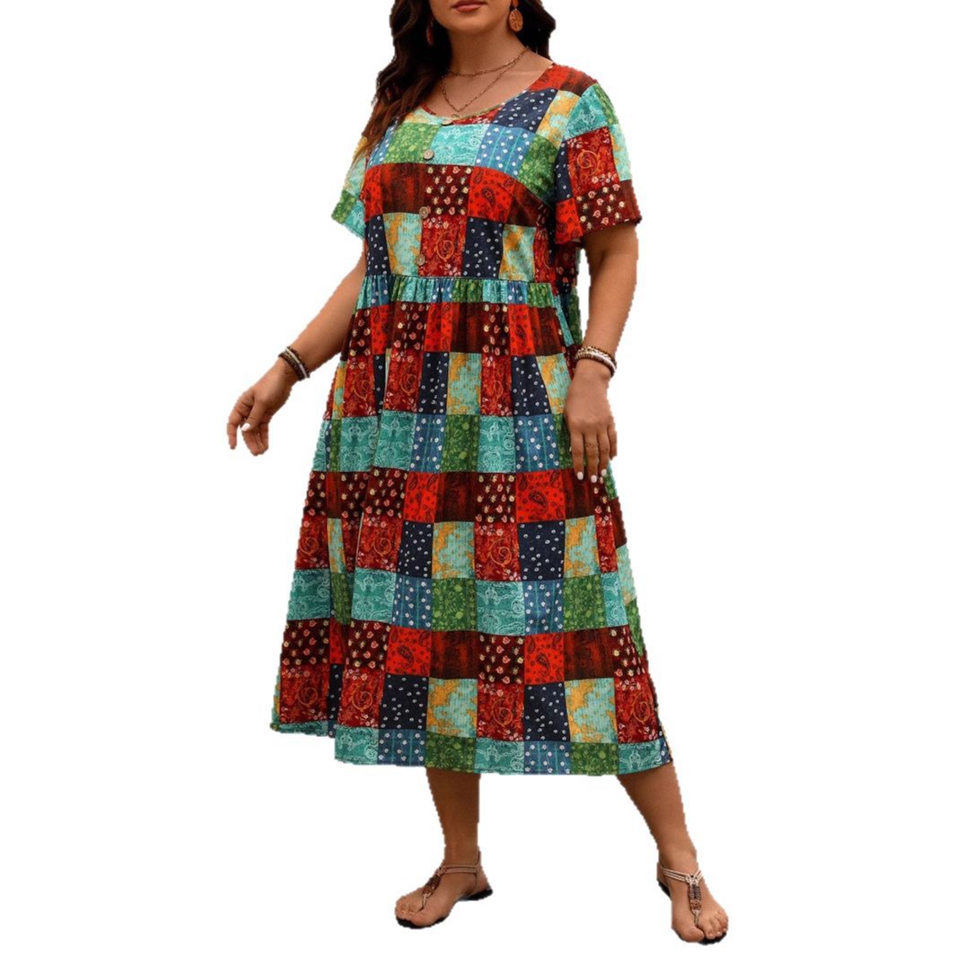 女装长裙夏季圆领宽松大码印花连衣裙