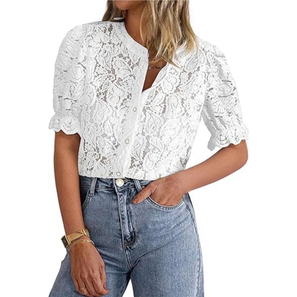 Women's Spring Summer Lace Button Down Shirt Crew Neck Short Puff Sleeve Minimalist Elegance Eyelet Sheer Blouses Solid Color Casual Dressy Blouses Tops for Work to Garden Party 
