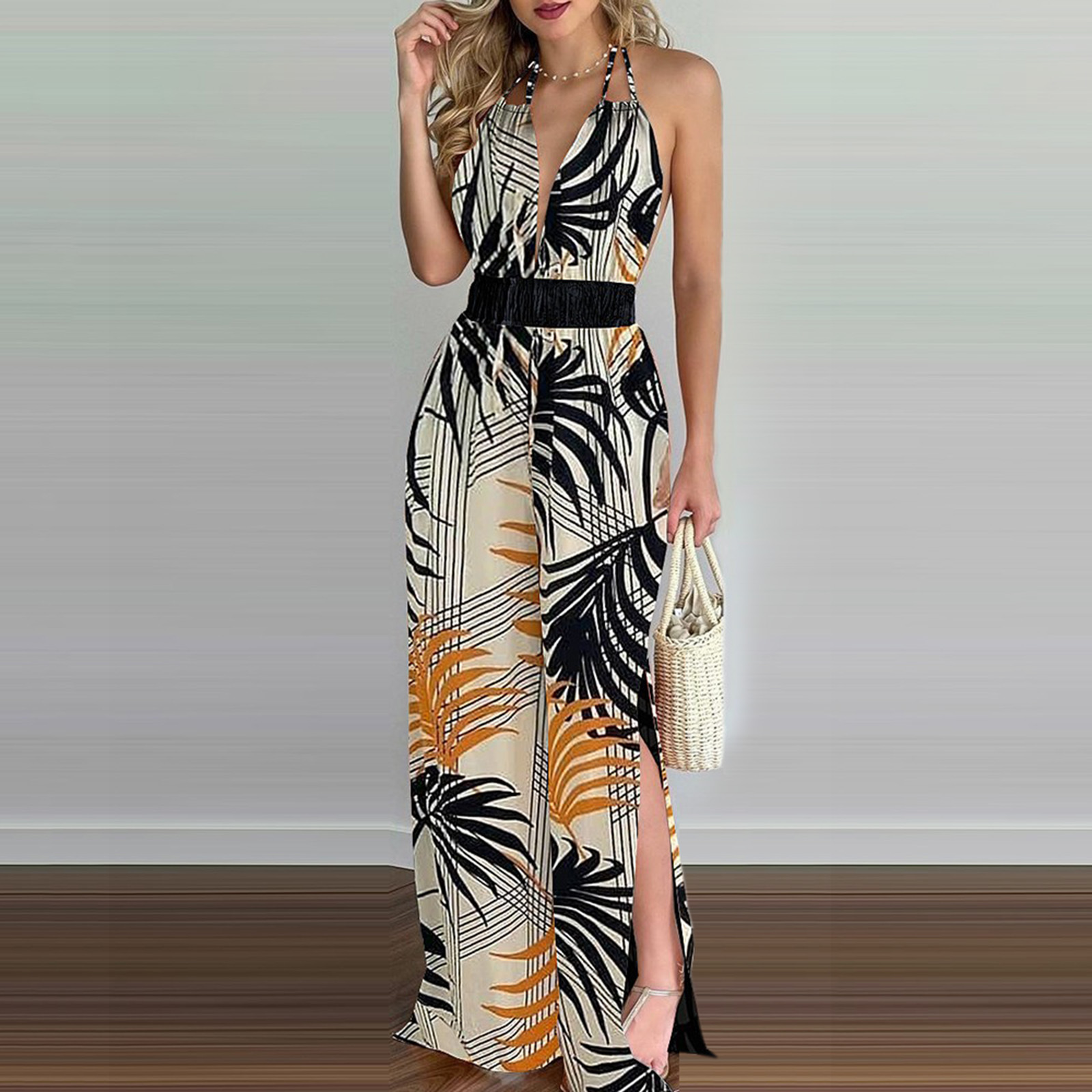 Women's Colorful Printed Strappy Jumpsuit Sleeveless Halter Top with Wide-Leg Straight Bottoms Trendy All-in-One Outfit