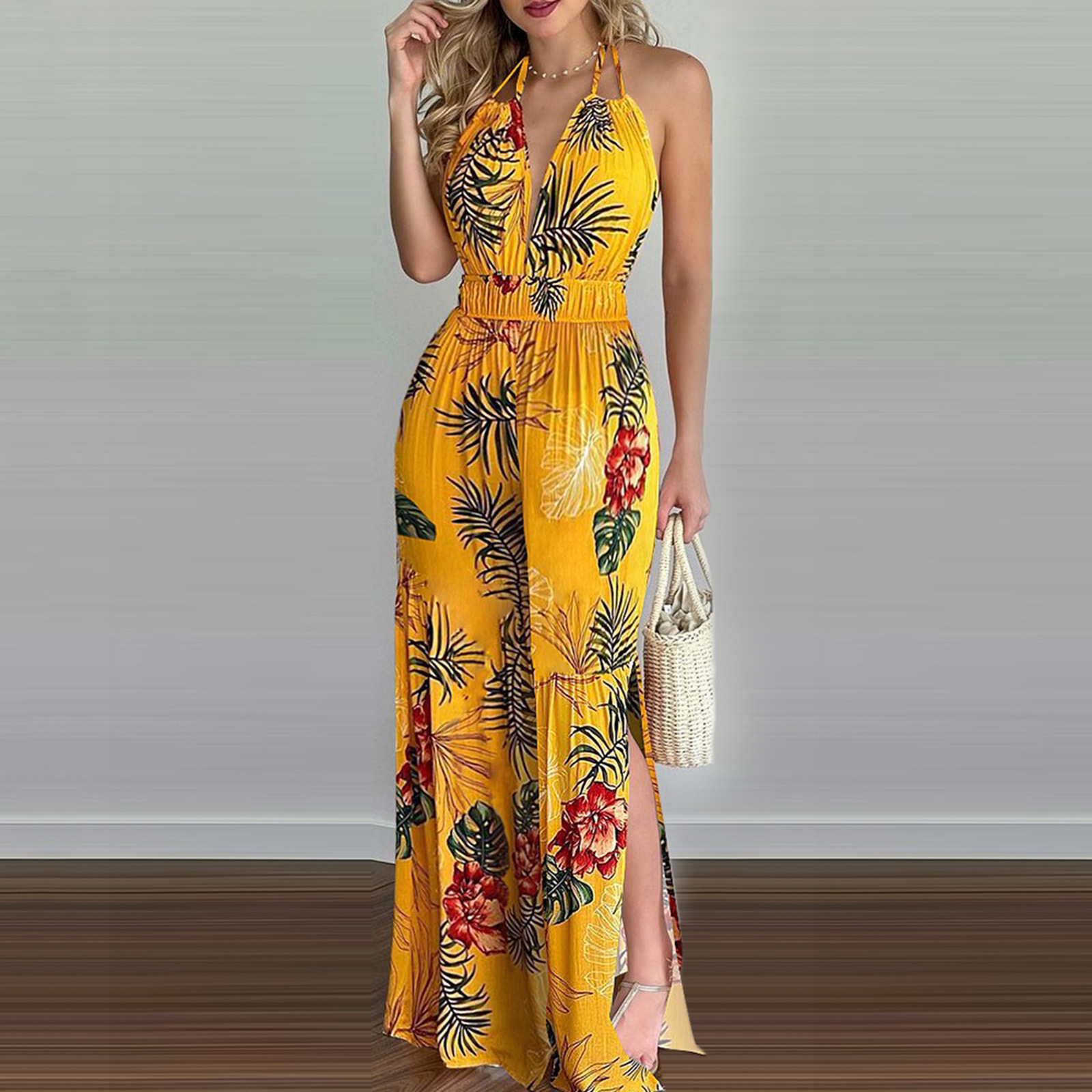 Women's Colorful Printed Strappy Jumpsuit Sleeveless Halter Top with Wide-Leg Straight Bottoms Trendy All-in-One Outfit