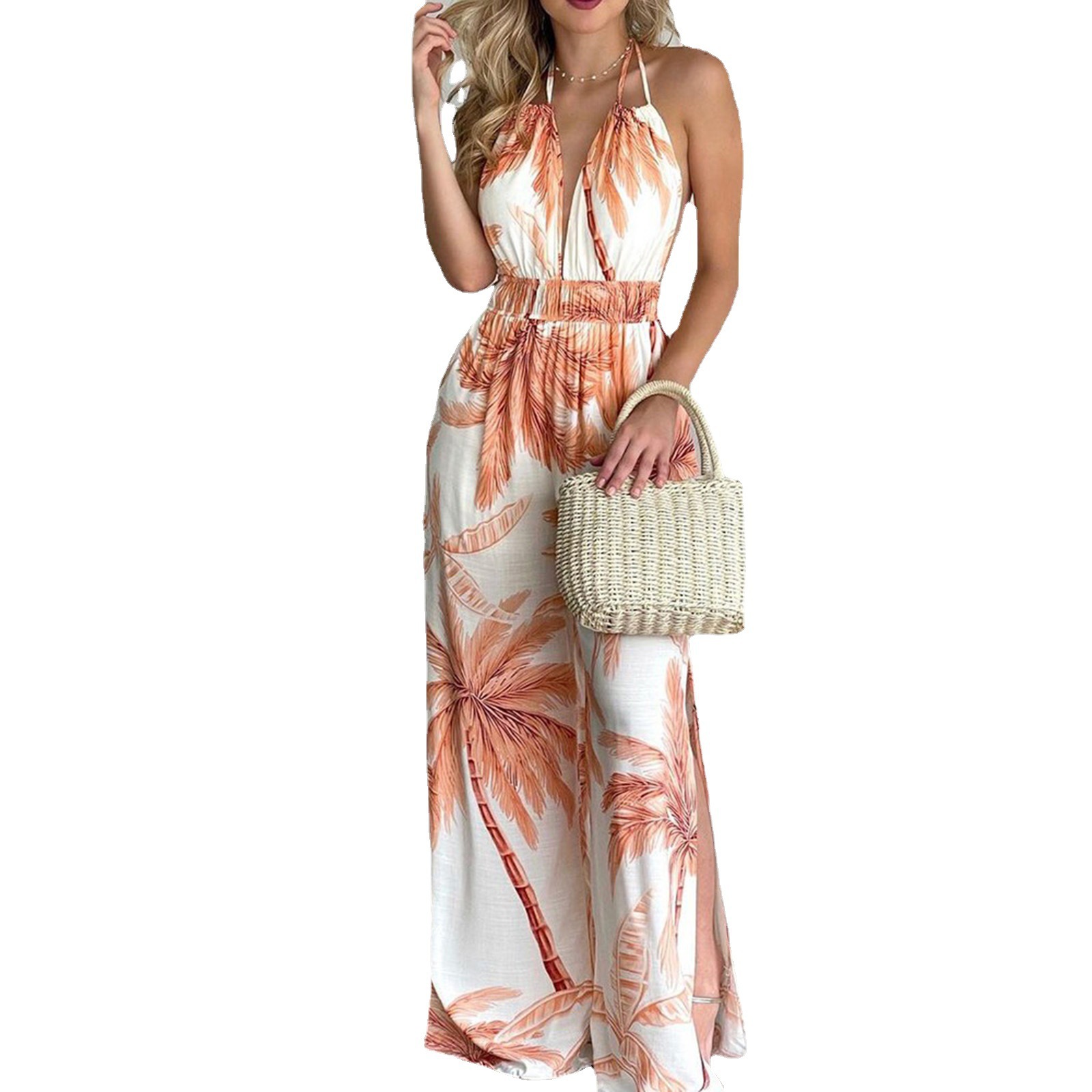 Women's Colorful Printed Strappy Jumpsuit Sleeveless Halter Top with Wide-Leg Straight Bottoms Trendy All-in-One Outfit