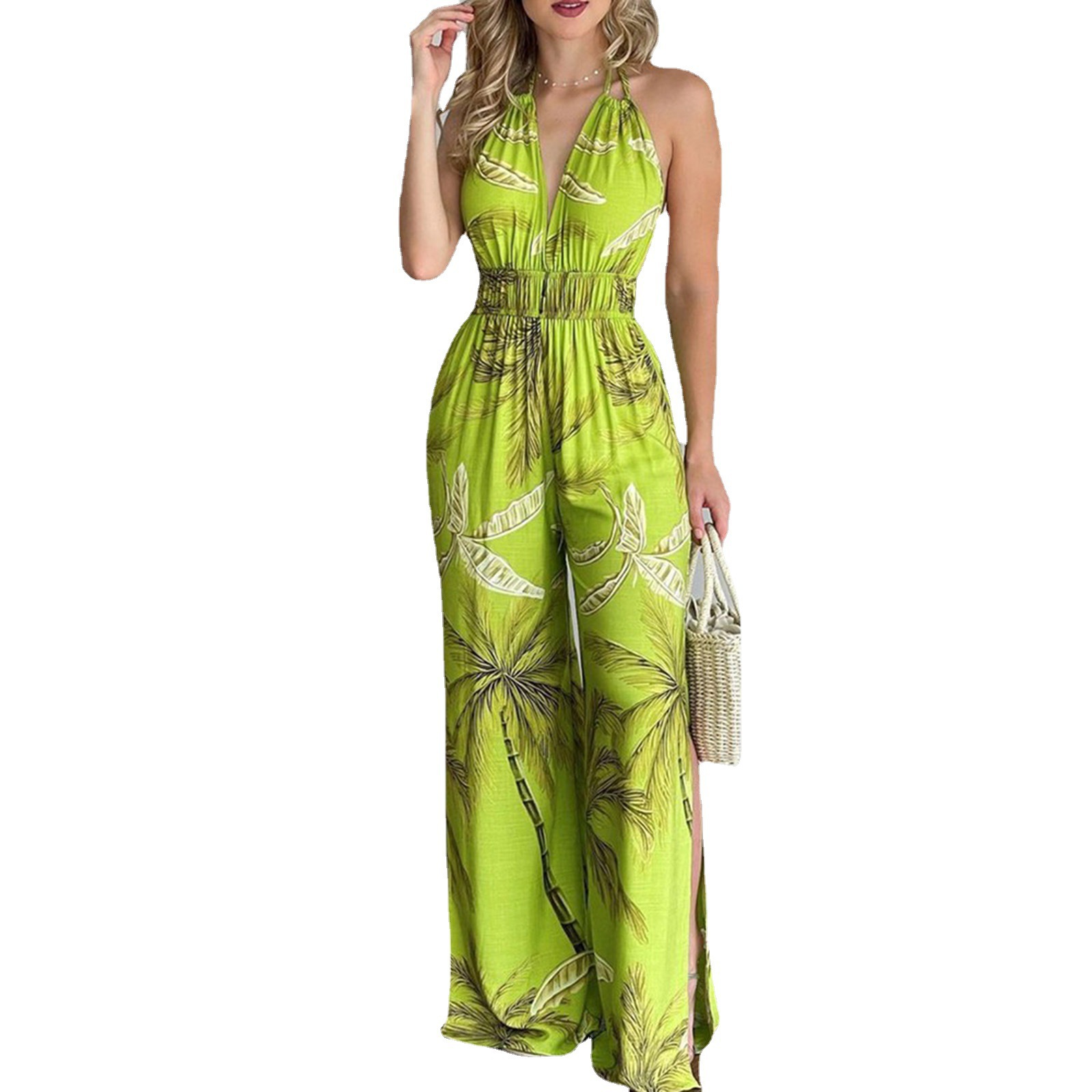 Women's Colorful Printed Strappy Jumpsuit Sleeveless Halter Top with Wide-Leg Straight Bottoms Trendy All-in-One Outfit