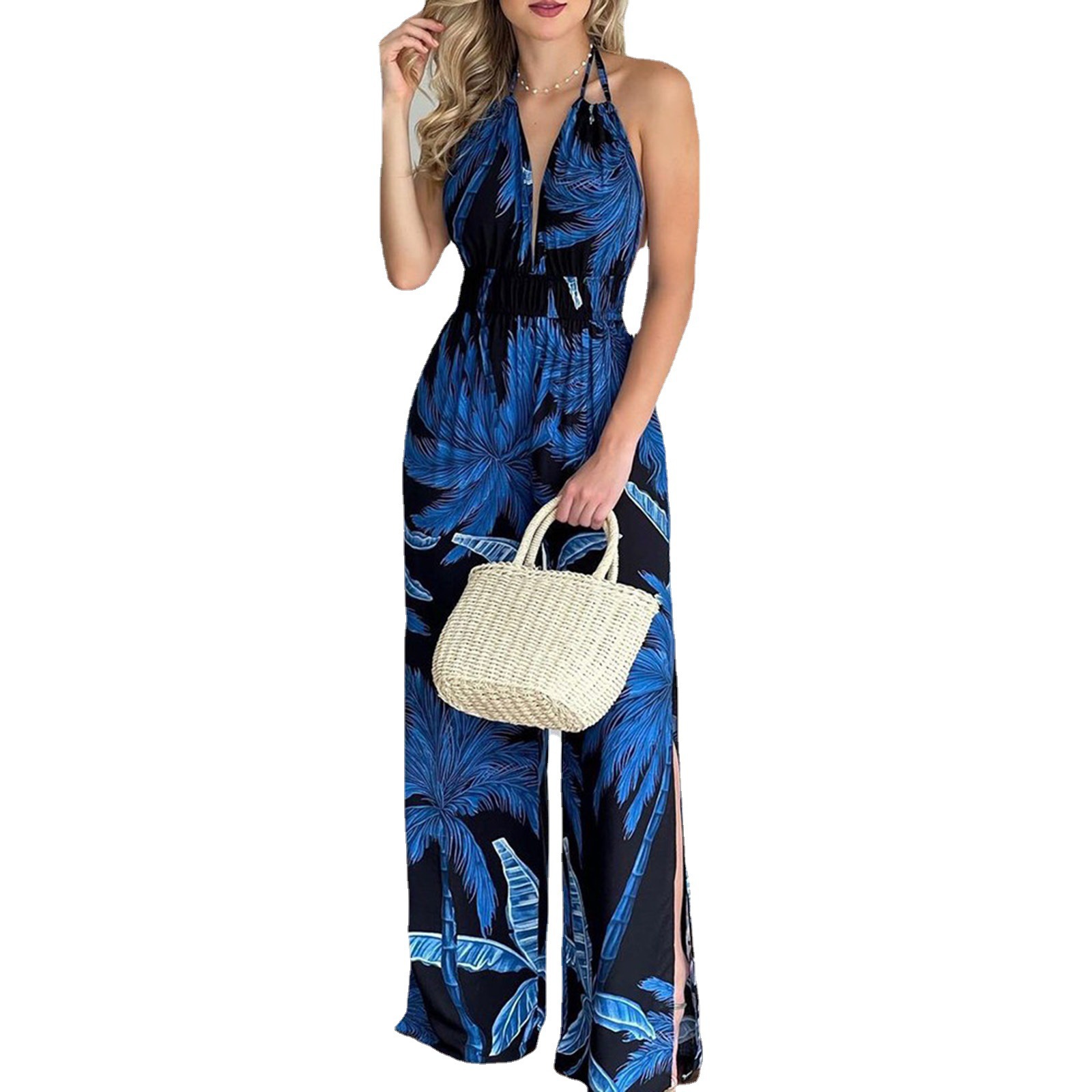 Women's Colorful Printed Strappy Jumpsuit Sleeveless Halter Top with Wide-Leg Straight Bottoms Trendy All-in-One Outfit