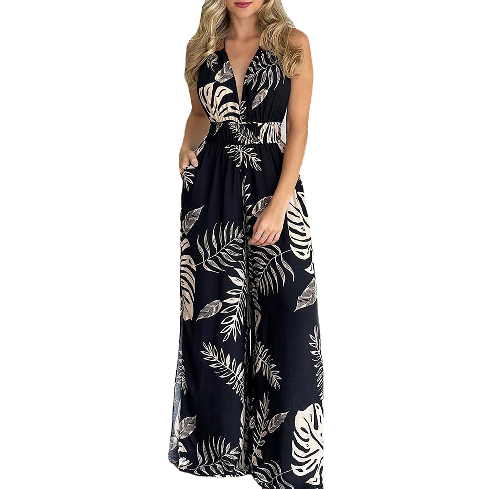 Women's Colorful Printed Strappy Jumpsuit Sleeveless Halter Top with Wide-Leg Straight Bottoms Trendy All-in-One Outfit