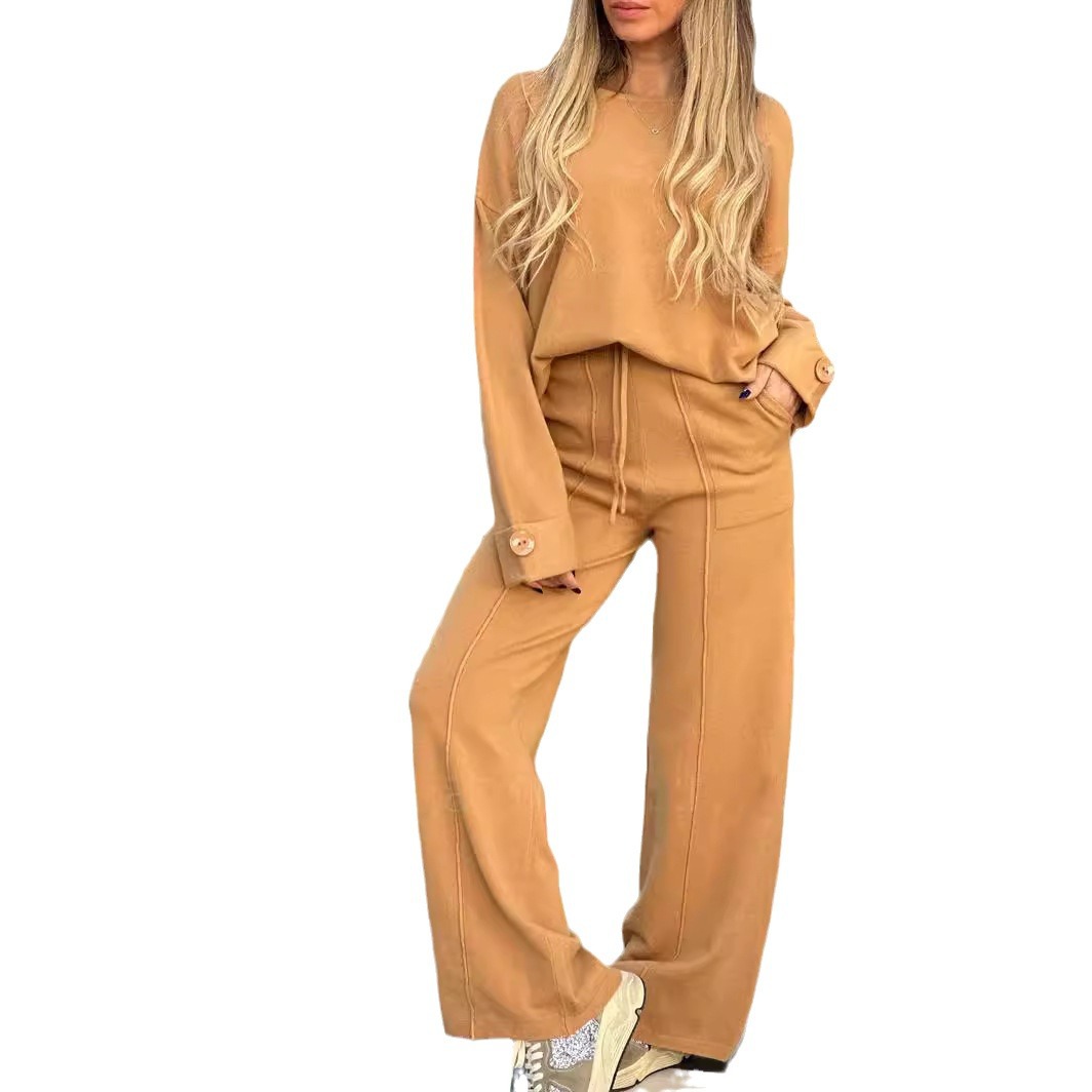 Chic Solid Color Long-Sleeve Two-Piece Set Casual Loose-Fit Top & Wide-Leg Trousers Effortless Matching Outfit