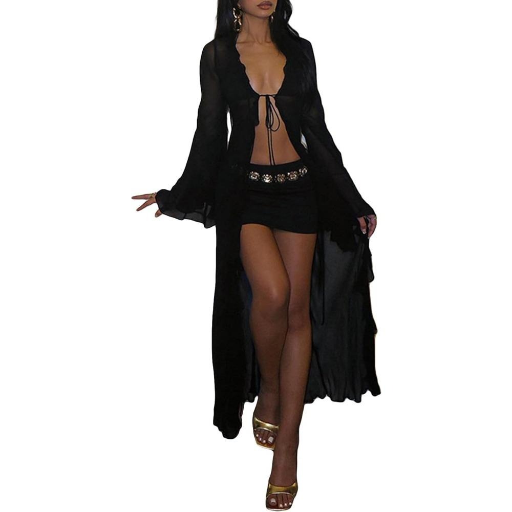 Women Sheer Maxi Flowy Duster Beach Swimsuit Summer Cover up Dress
