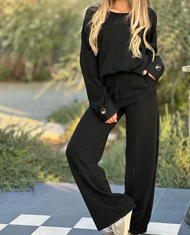 时尚休闲套装纯色长袖套装阔腿裤长裤两件套