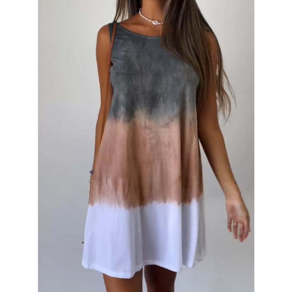 夏季外贸独立女装跨境新款短袖时尚扎染无袖简约度假连衣裙