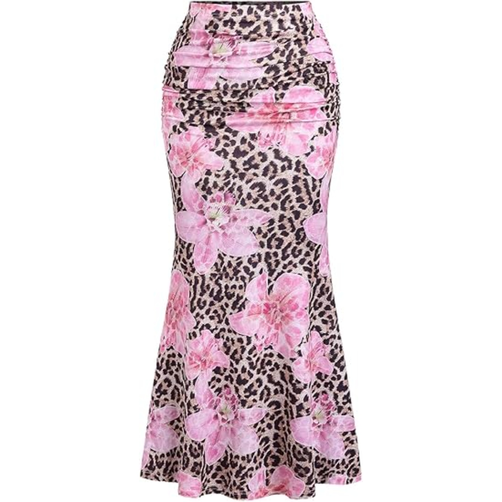 Women's Summer Floral Print Fishtail Skirt High Waisted Bodycon Midi Skirt Casual Leopard Ruffle Hem Ruched Long Skirts Vacation Going Out Outfits Party Essential 