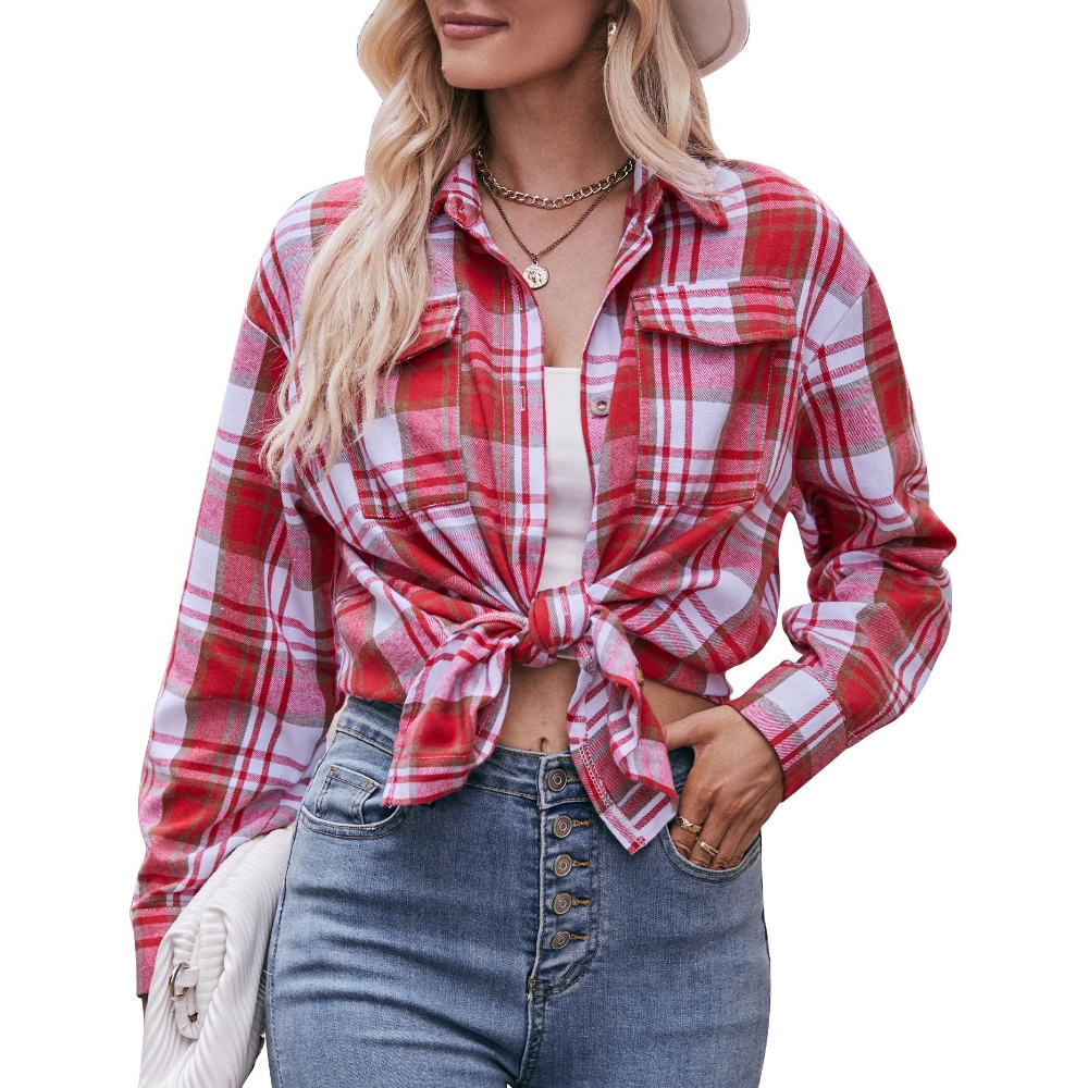 Women's Fall Oversized Plaid Shirt Casual Flannel Button Down Long Sleeve Loose Fit Blouse Tops Lightweight Streetwear Essential with Dual Pockets 