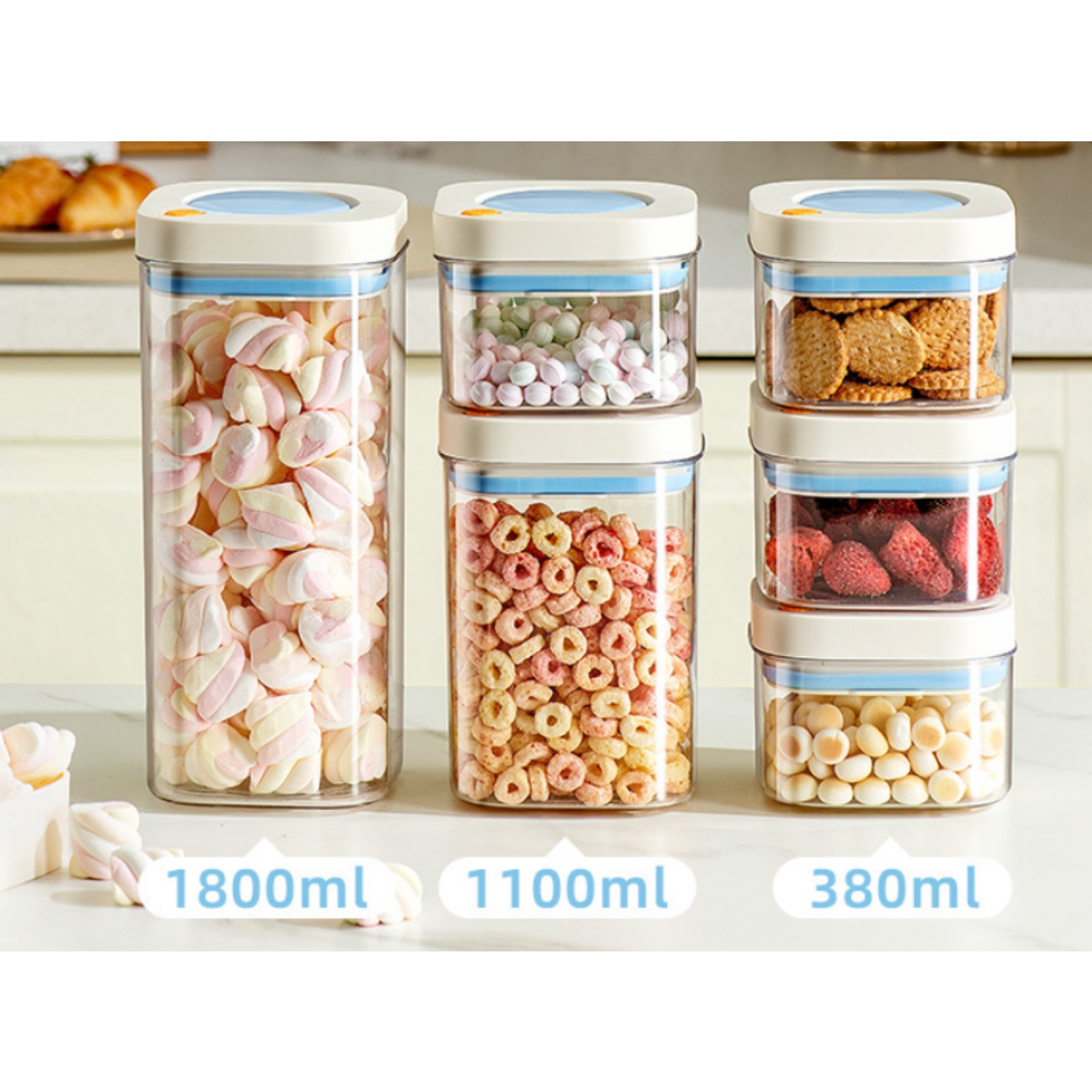 Press-Seal Food Storage Containers - Airtight Kitchen Canisters for Coffee/Grains (380ml/1100ml/1800ml, Sold Separately)