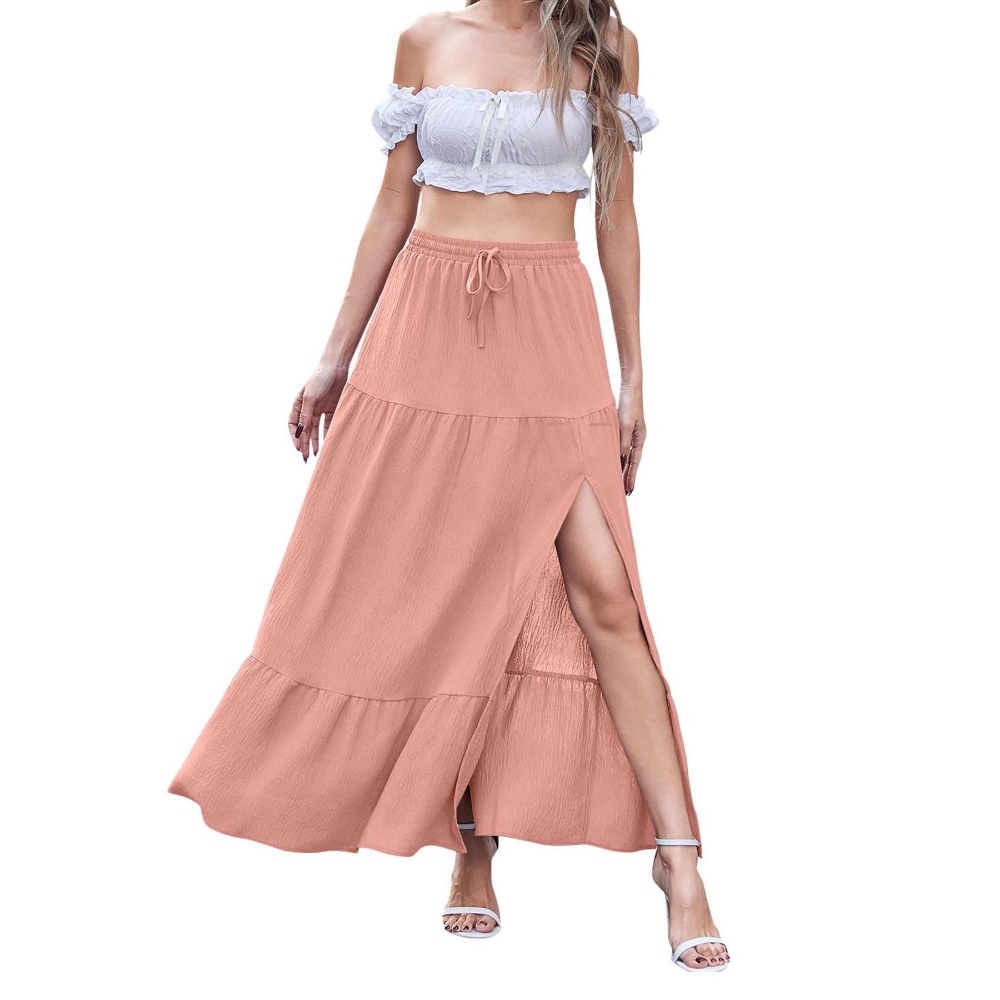 Women's Summer Solid Color Side Slit Maxi Skirt Elastic Waist A Line Tiered Long Skirts Trendy Boho Y2K Casual Flowy Skirt for Beach Vacation Daily Outfits Cottagecore Beachcore Essential