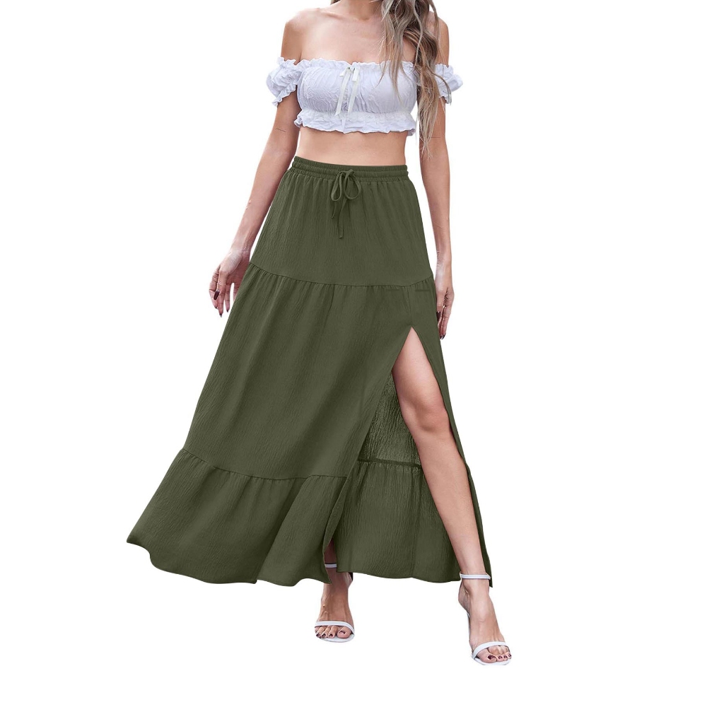 2025年夏季新款欧美跨境亚马逊外贸女装波西米亚纯色侧开衩半身裙