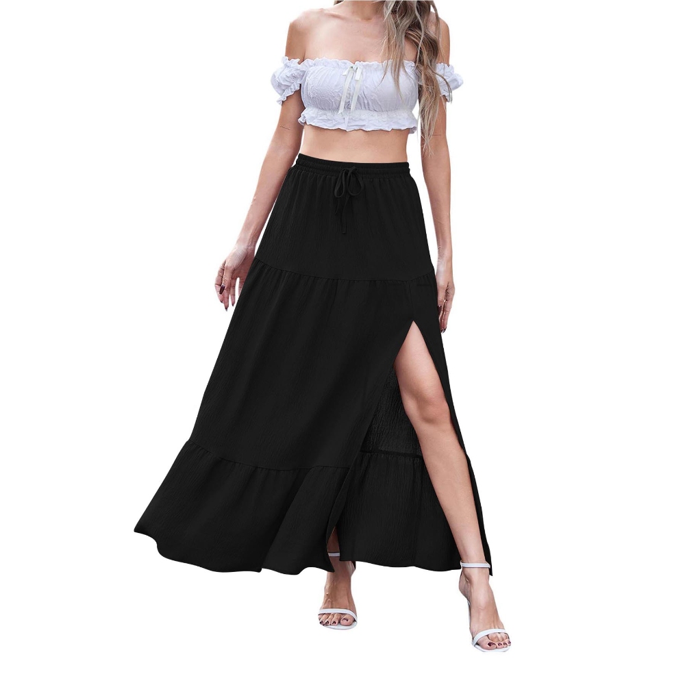 Women's Summer Solid Color Side Slit Maxi Skirt Elastic Waist A Line Tiered Long Skirts Trendy Boho Y2K Casual Flowy Skirt for Beach Vacation Daily Outfits Cottagecore Beachcore Essential