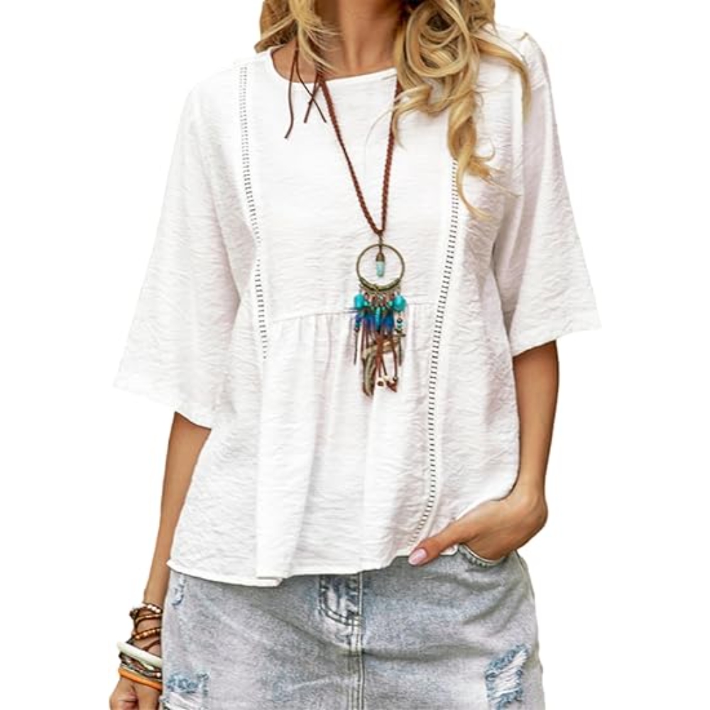Women's Summer Cotton Linen Tops Half Sleeve Crew Neck Loose Fit Solid Color Minimalist Eyelet Shirt Oversized Basic Tee Blouses Daily Work Office Casual Trendy Clothing