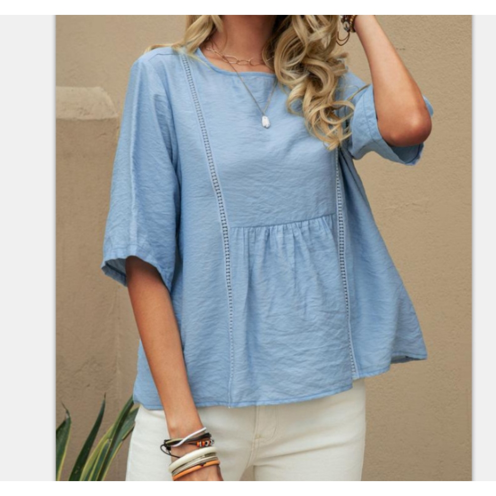 2025春夏季亚马逊TEMU欧美跨境花边镂空女装棉麻休闲纯色中袖衬衣