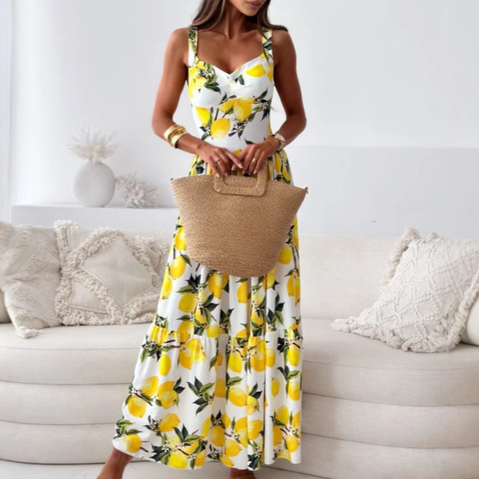 Women's Yellow Floral Sundress White Summer Dress with Tie Waist Spaghetti Strap Swing Beach Vacation Maxi Dress Lightweight