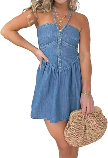 Denim Dress for Women Sexy Halter Neck Tie Back Swing Ruffle Jean Mini Dress