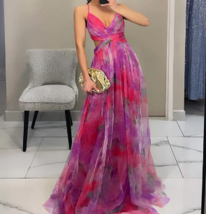 Womens Sexy Wrapped Chest Sleeveless Floral Print Mesh See Through Strap Long Dress Vacation Dress